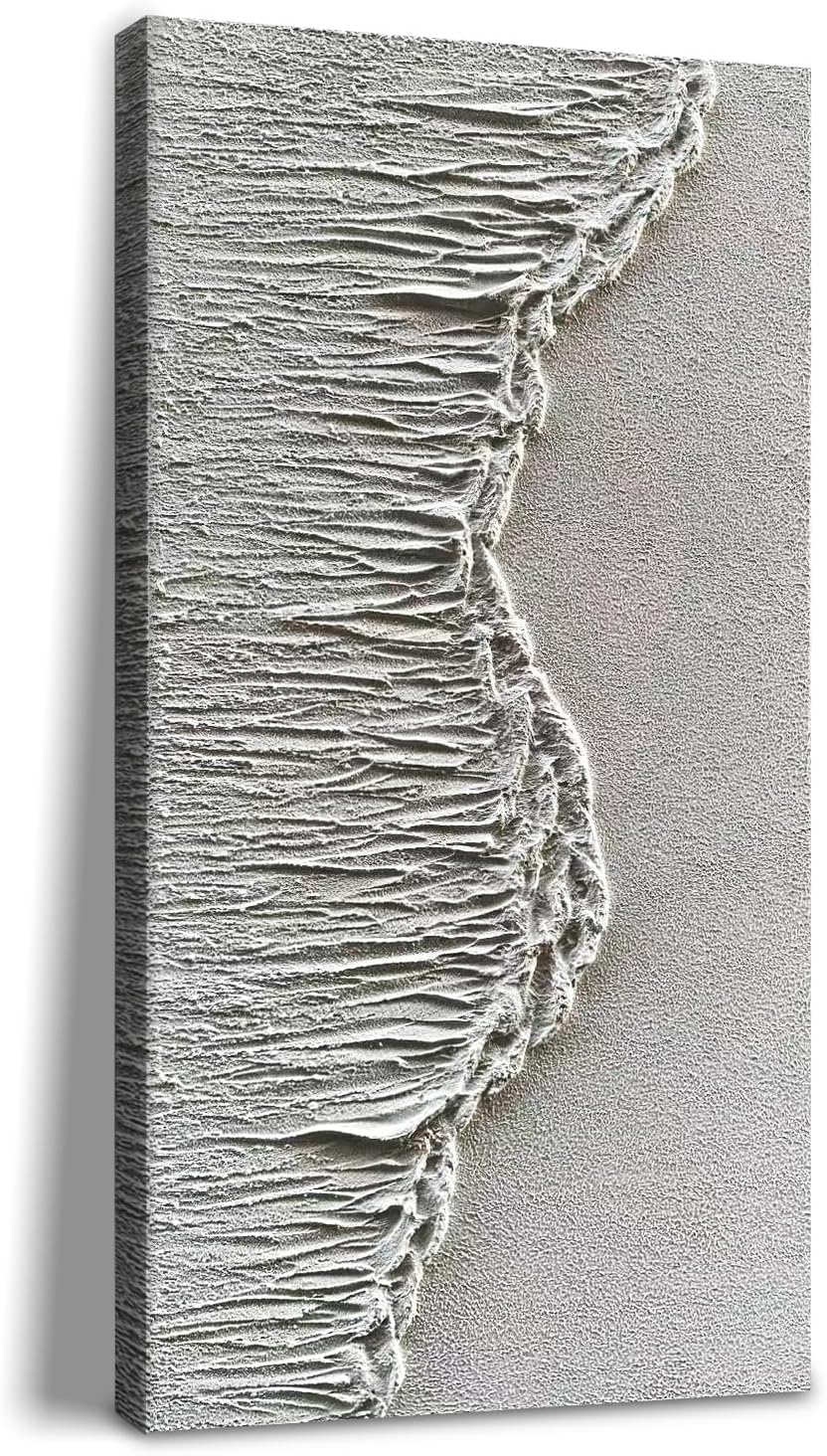 NANKAI Art Hand-Painted 48x24 inch White Wave Texture Abstract Art, Contemporary Minimalist Canvas Oil Painting, Vertical Home Living Room Corridor Wall Decoration Art