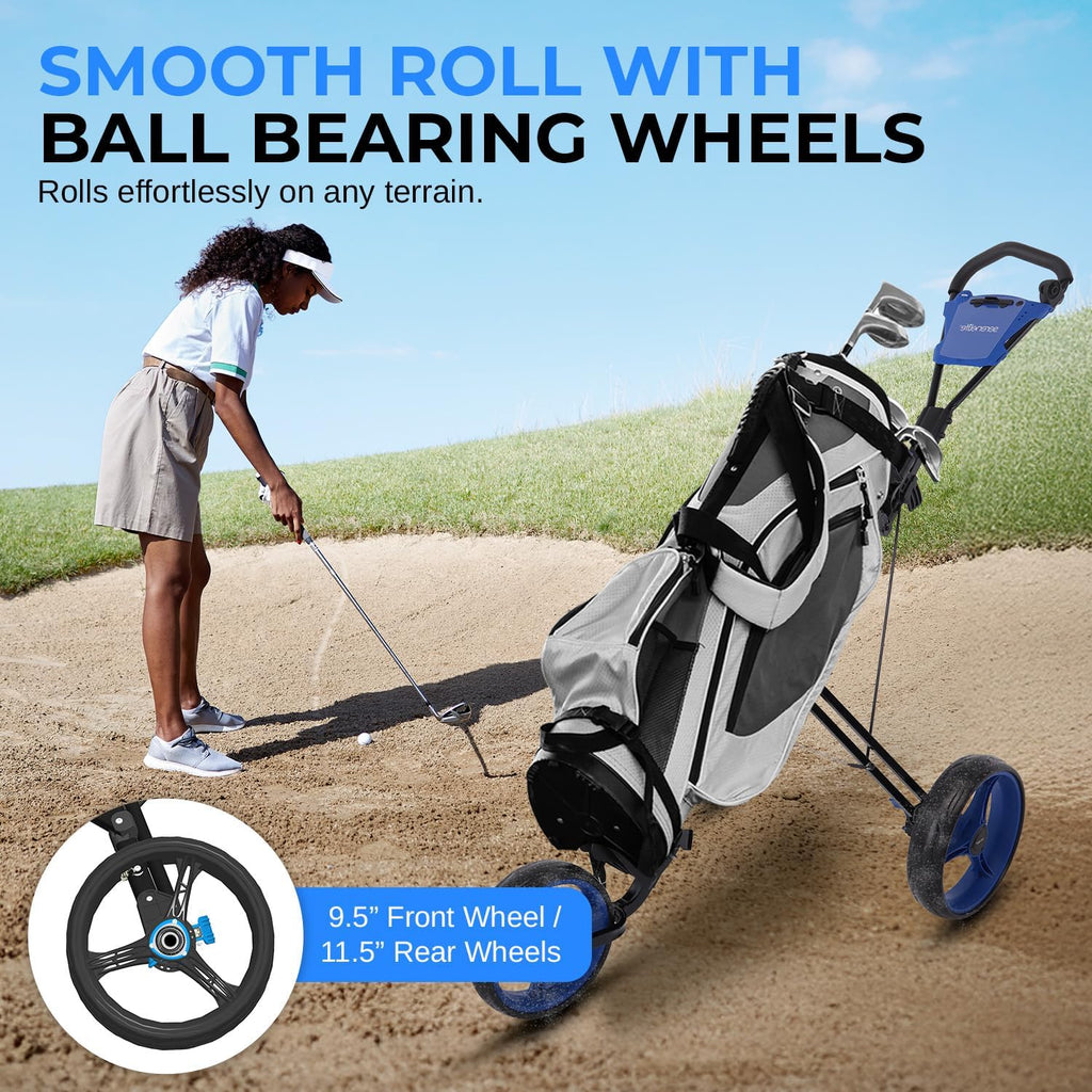 SereneLife Golf Push Pull Cart – Lightweight, Foldable, Bag Holder with Adjustable Handle, Caddy Accessories, Compact Folding Golf Trolley for Travel