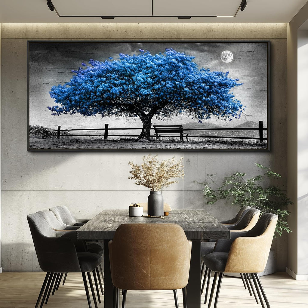 FUHAIHUA Canvas Wall Art For Living Room Large Wall Decor For Office Bedroom Decorations Black And White Landscape Pictures Blue Tree Painting Artwork Room Wall Mural Aesthetic Home Decor 32x72 In