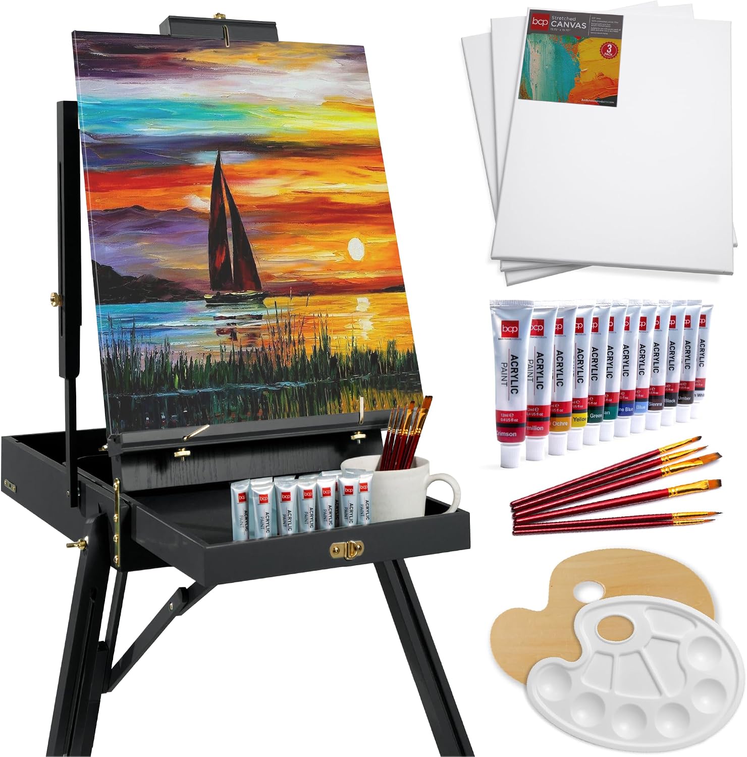Best Choice Products Art Easel for Painting, Portable Wooden Adjustable Artist Tripod with Sketch Box, 32-Piece Art Set with Acrylic Paints, Brushes, Canvases & Palette - Black