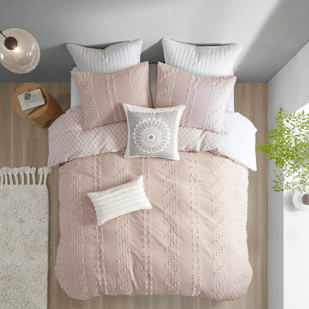 INK+IVY Kara 100% Cotton Duvet Mid Century Modern Design, All Season Comforter Cover Bedding Set, Matching Shams, Full/Queen, Jacquard Stripes Blush 3 Piece