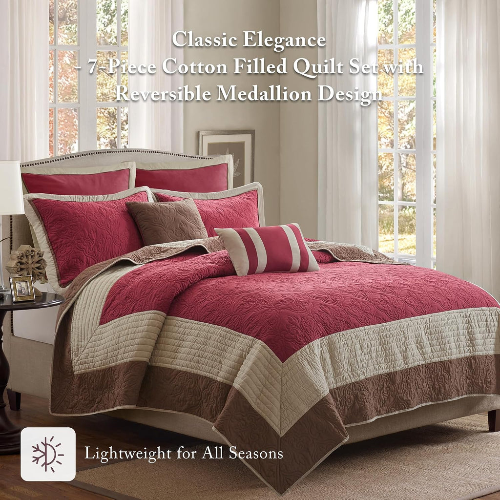 Madison Park Attingham Reversible Quilt Set - All Season Breathable Coverlet, Lightweight Cozy Bedding Layers, Matching Shams, Full/Queen(90'x90'), Red 7 Piece
