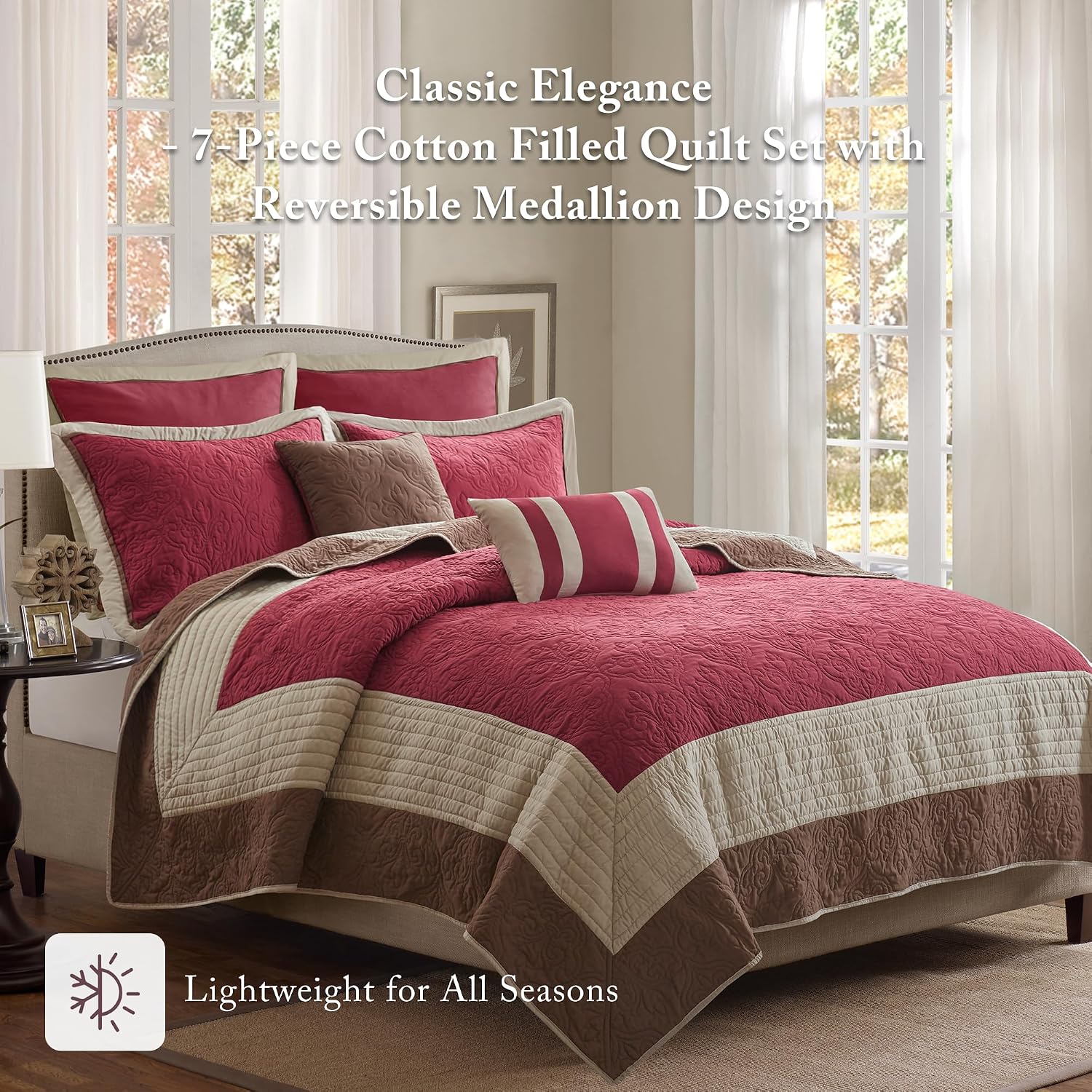 Madison Park Attingham Reversible Quilt Set - All Season Breathable Coverlet, Lightweight Cozy Bedding Layers, Matching Shams, Full/Queen(90'x90'), Red 7 Piece