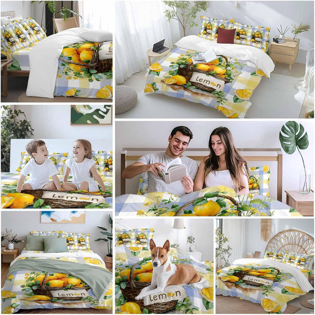 Summer Fruit Duvet Cover Set Queen Size 4 Pieces Watercolor Lemon Frame Letter Print Blue Yellow Plaid Bedding Set with Zipper Closure, 1 Comforter Cover 90x92 Inches 1 Flat Sheet & 2 Pillow Cases