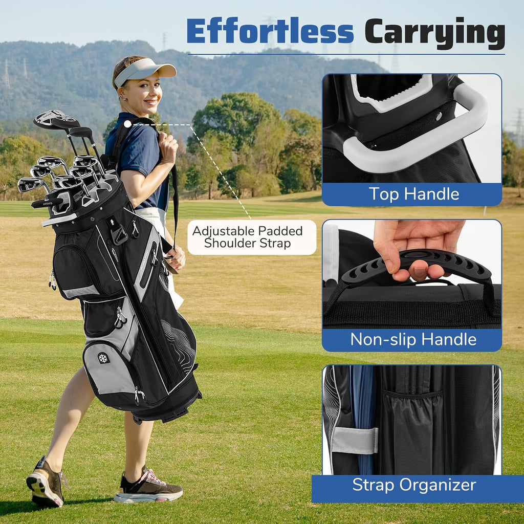 Goplus Lightweight Golf Cart Bag, Molded Lock Top Golf Club Bag w/14-Way Full Length Organizer Dividers, 11 Pockets, Cooler Bag, Straps, Umbrella Holder & Rain Hood for Men Women