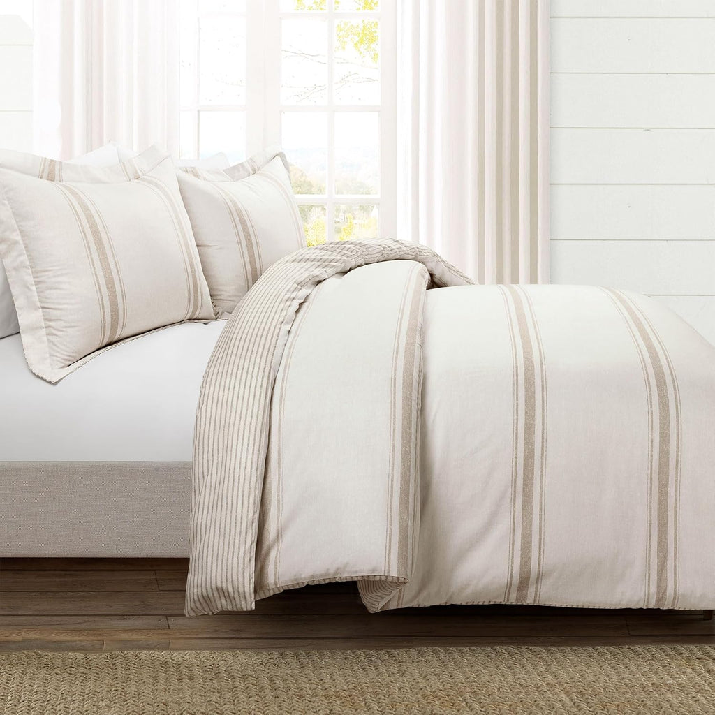 Lush Decor Farmhouse Stripe Reversible Cotton Duvet Cover King Size 3 Piece Set Neutral - Farmhouse Bedding Set King - Striped Duvet Cover