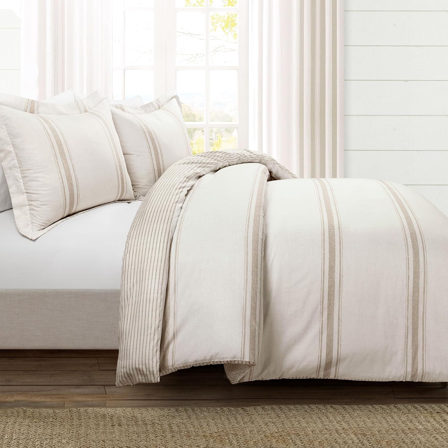 Lush Decor Farmhouse Stripe Reversible Cotton Duvet Cover King Size 3 Piece Set Neutral - Farmhouse Bedding Set King - Striped Duvet Cover