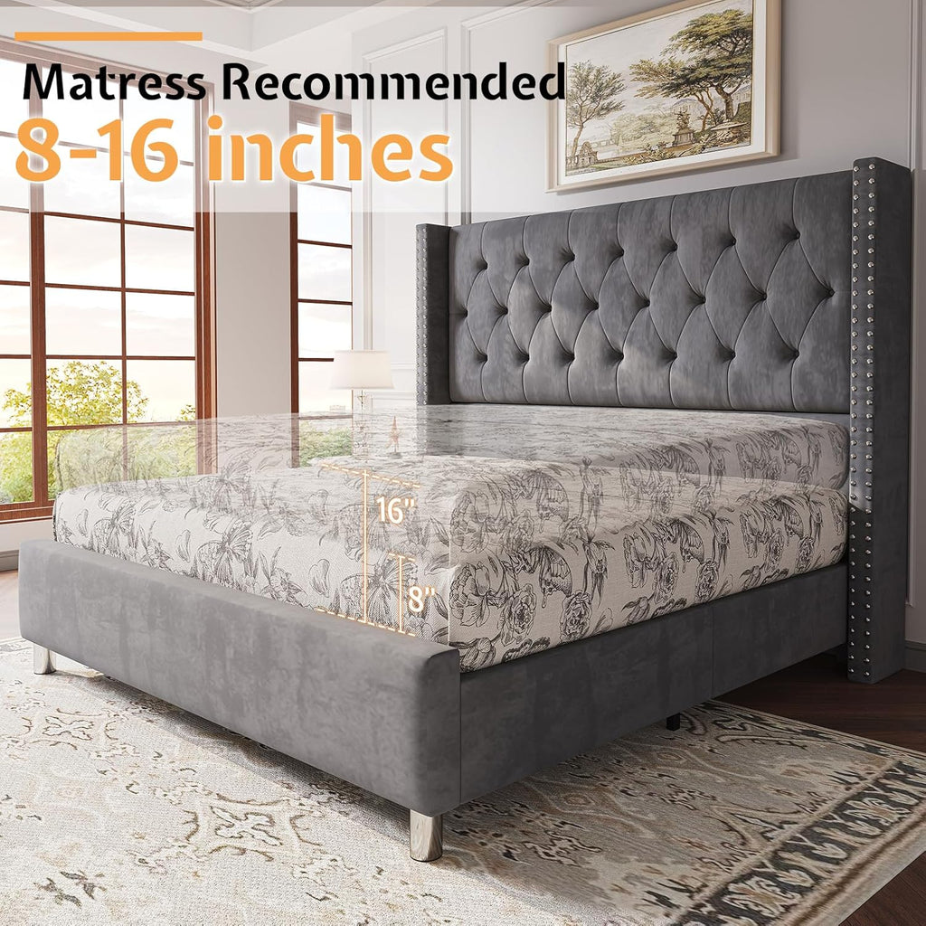 Jocisland Bed Frame King Size Velvet Tufted Upholstered Bed Low Profile Platform Bed Raised Wingback Headboard/Wood Slats Support/No Box Spring Needed/Easy Assembly/Grey