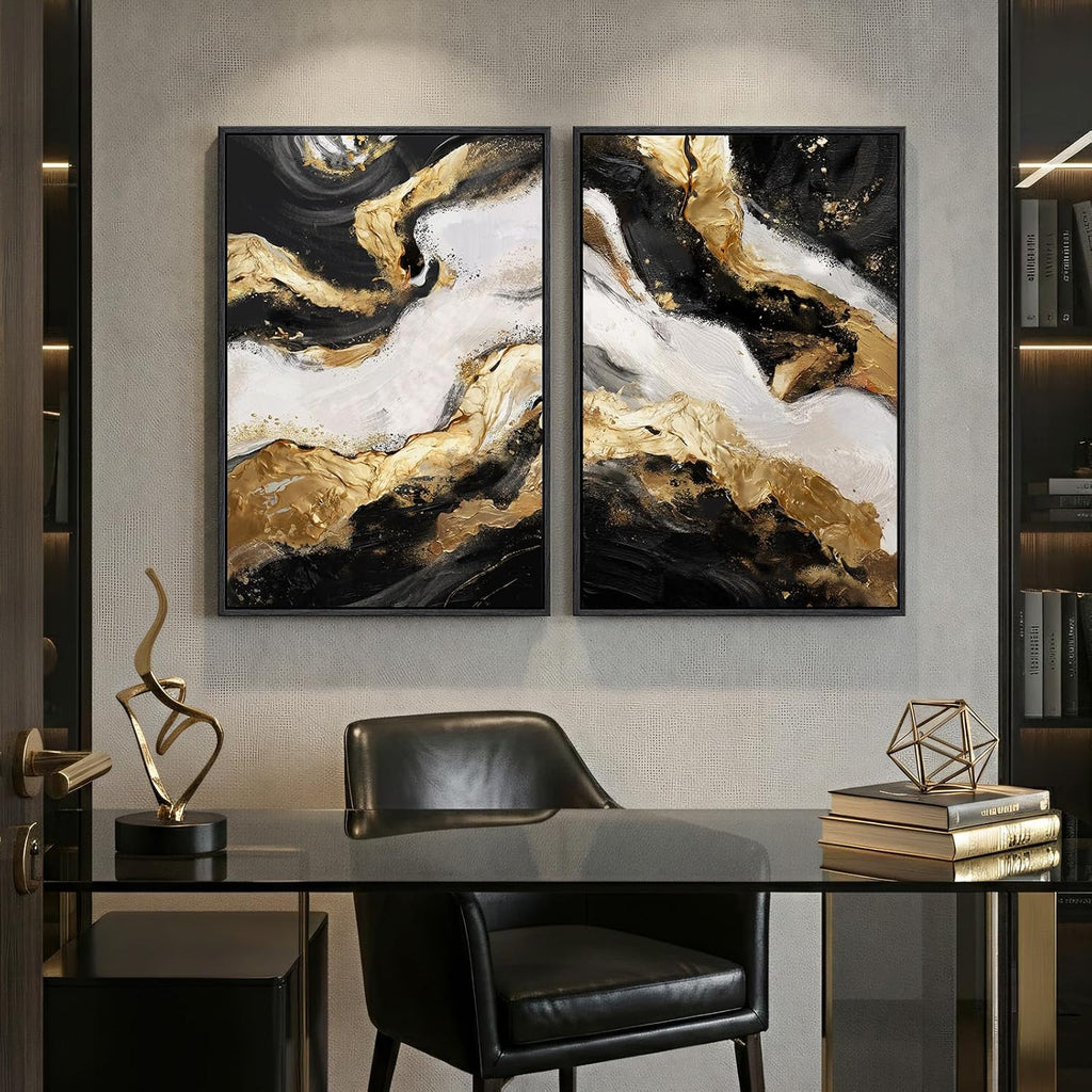Framed Gold Abstract Wall Art Set of 2 for Living Room, Large Black White Modern Luxury Canvas Artwork for Walls, Contemporary Flow Marble Motifs Painting Print Wall Decor for Bedroom Office, 24x36 In