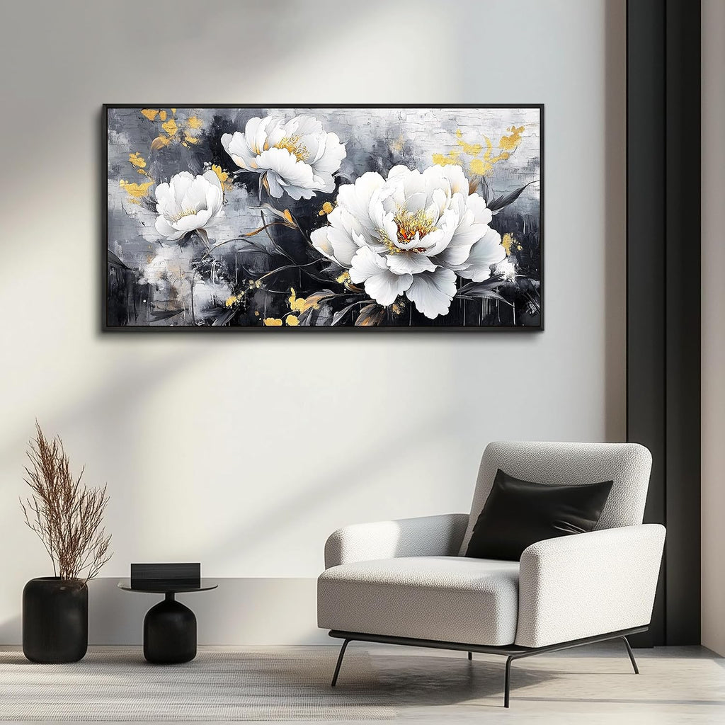 PHAOHUAXM Large Canvas Black Framed Wall Art Decor For Living Room Bedroom Abstract Painting Ink-Wash White Flowers With Home Dining Room Decorations Prints Posters Modern Room Home Decor 24'X48'