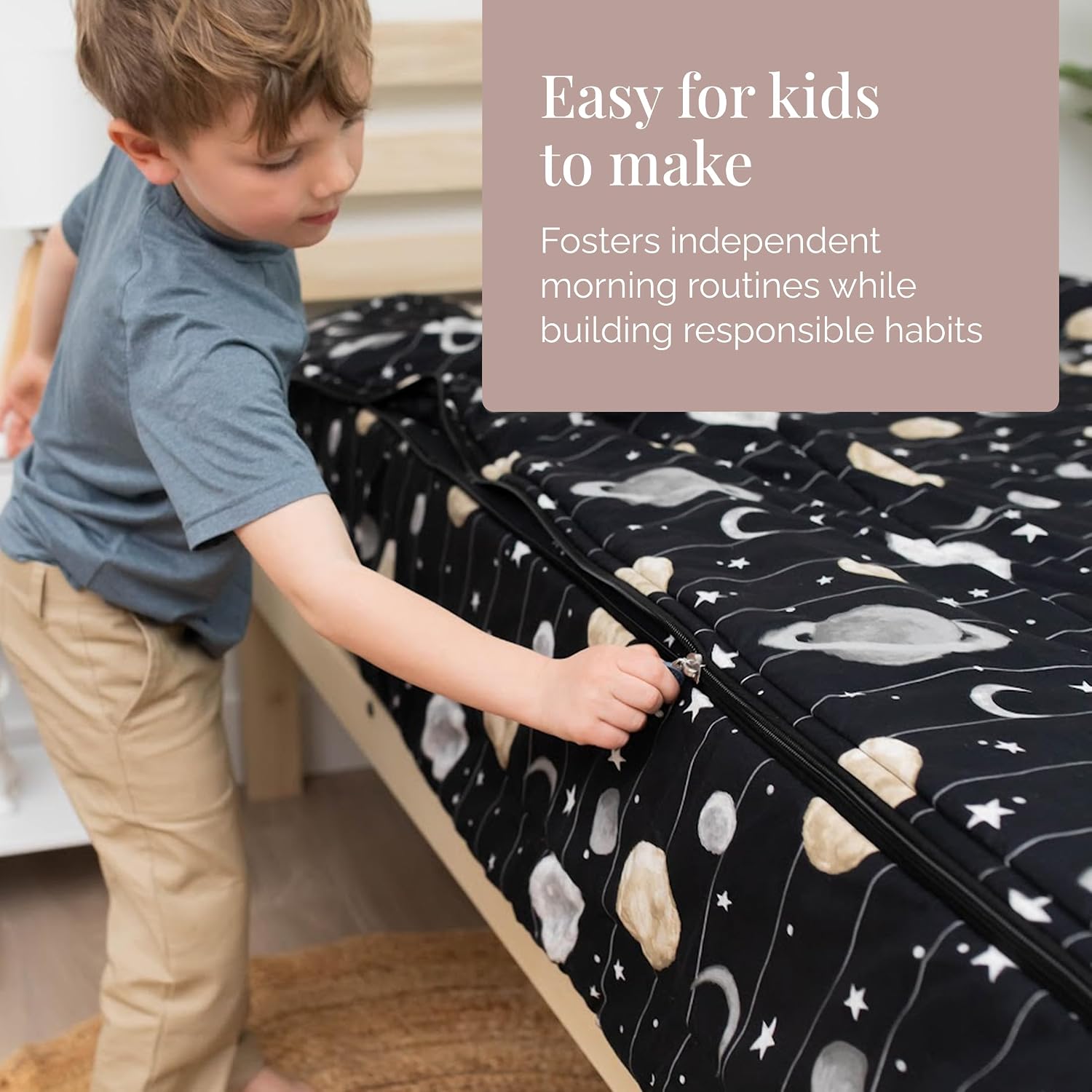Beddy's Outer Space Themed Durable Zipper Bedding for Kids/Teens - Bed in a Bag-Black Sheets and Universe Galaxy Comforter with Stars & Solar System,Includes Pillowcase & Sham-Easy to Make & Wash-Twin