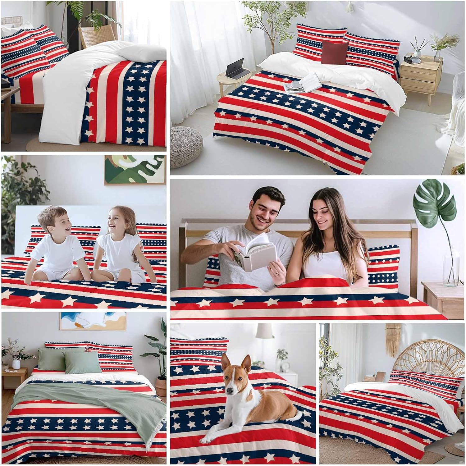 Prime Leader Independence Day Duvet Cover Set Queen Size 4 Pieces Vintage Classic Red White Blue Stripes Bedding Set with Zipper Closure, 1 Comforter Cover 92x106 Inches 1 Flat Sheet & 2 Pillow Cases