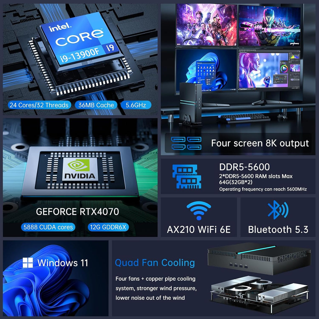 Mini Gaming PC, Desktop Computer i9-13900F 24 Cores Upto 5.6GHz, 64G DDR5, 1T M.2 PCIE4.0 SSD, Windows 11 Pro, GeForce RTX4070 12G, Dual LAN, WiFi6E/BT5.3, Four Display, 8K Outputs