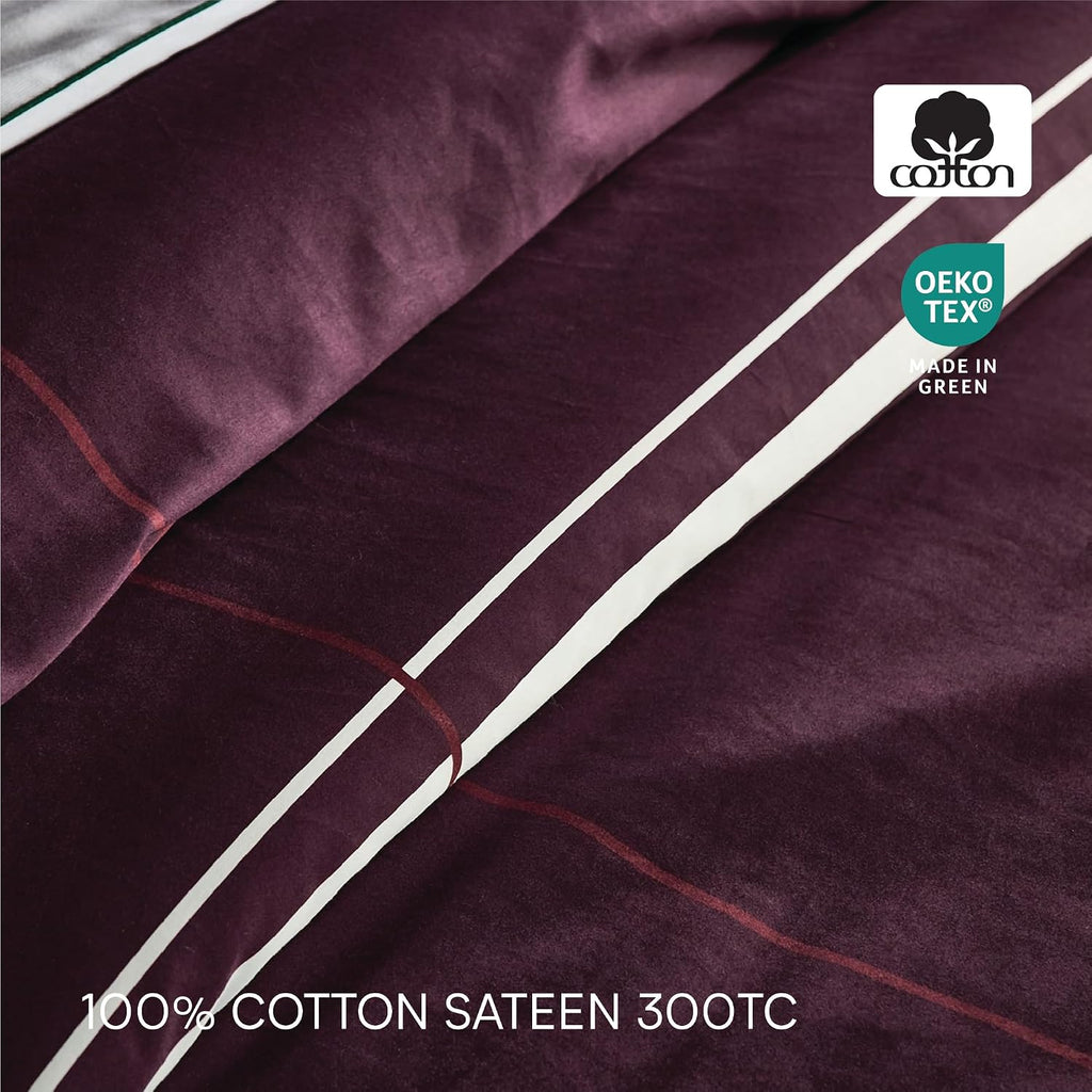 Lacoste Playful Checks Cotton Sateen 300-Thread Count Comforter Set – Medium Warmth, Oeko Tex Certified, Machine Washable, Burgundy, King