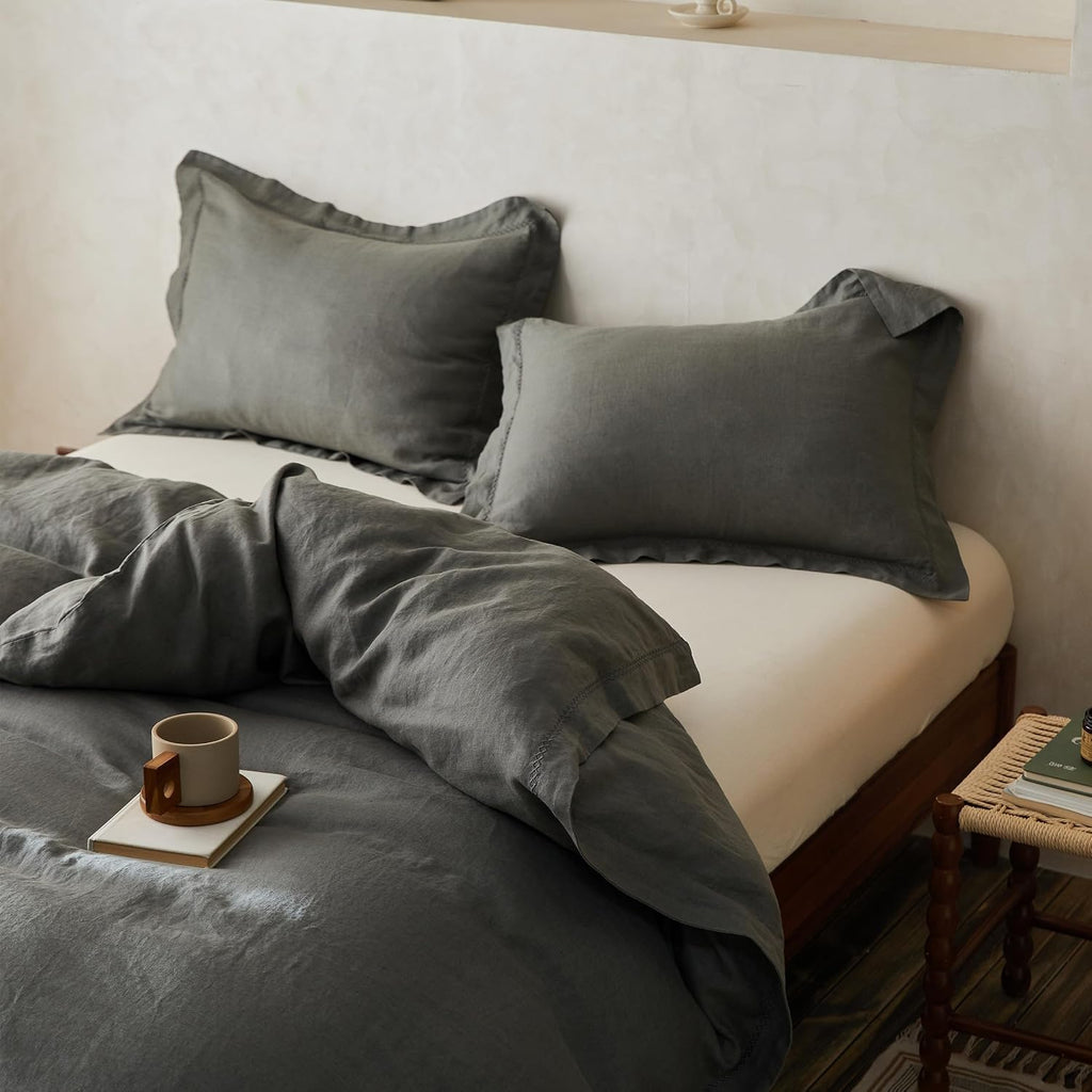 Simple&Opulence 100% Linen Duvet Cover Set with Crossed Embroidery Washed - 3 Pieces (1 Duvet Cover with 2 Pillow Shams) Soft Breathable Farmhouse - Cushing Green, Queen Size
