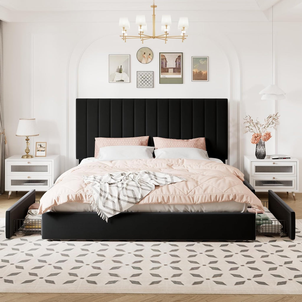 Allewie King Size Storage Bed Frame, Vertical Channel Tufted Adjustable Headboard, Velvet Upholstered Platform Bed with 4 Oversized Underbed Drawers, Wooden Slats Support, No Box Spring Needed, Black