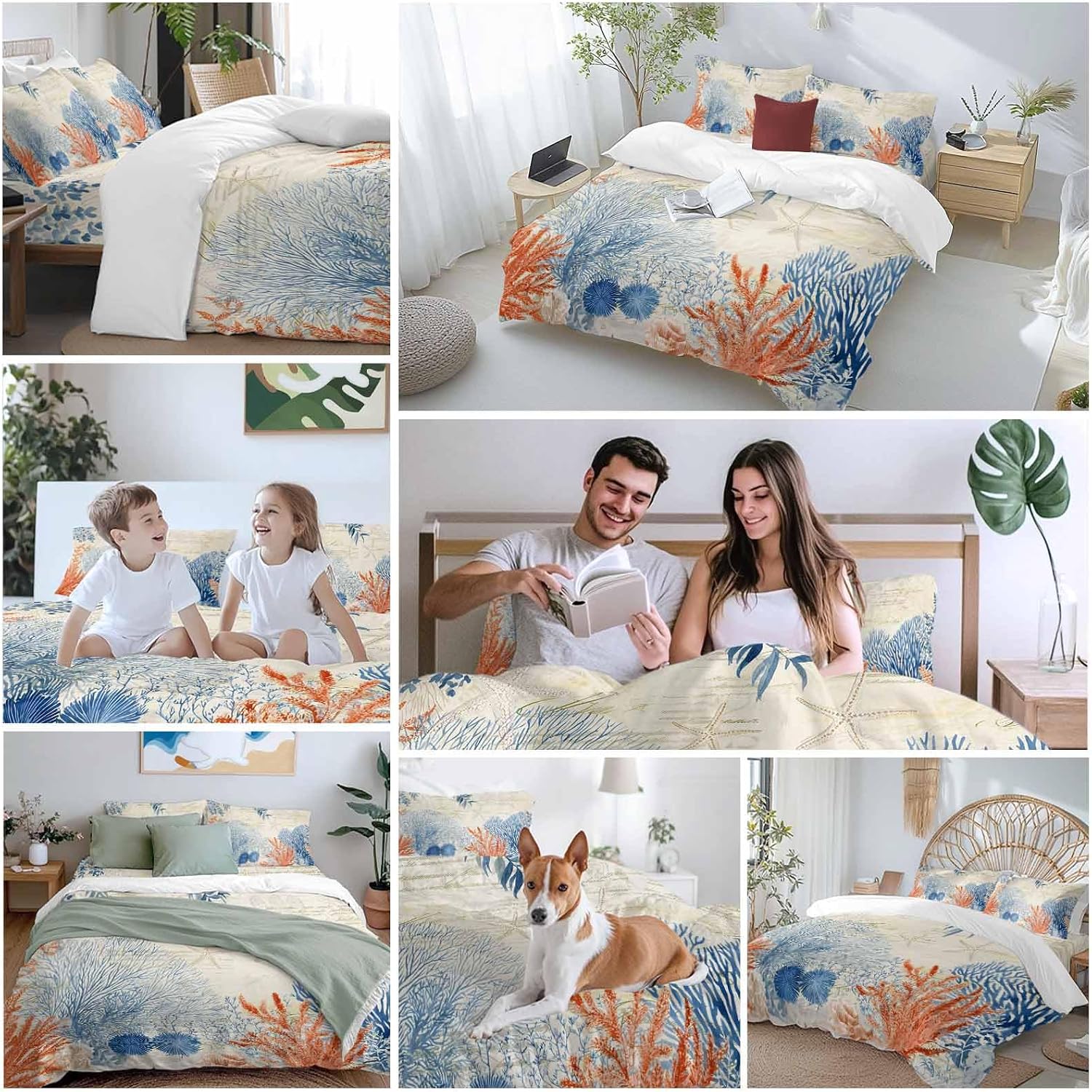 Prime Leader Ocean Corals Duvet Cover Set Queen Size 4 Pieces Summer Beach Coral Sea Stars Retro Texture Bedding Set with Zipper Closure, 1 Comforter Cover 86x86 Inches 1 Flat Sheet & 2 Pillow Cases