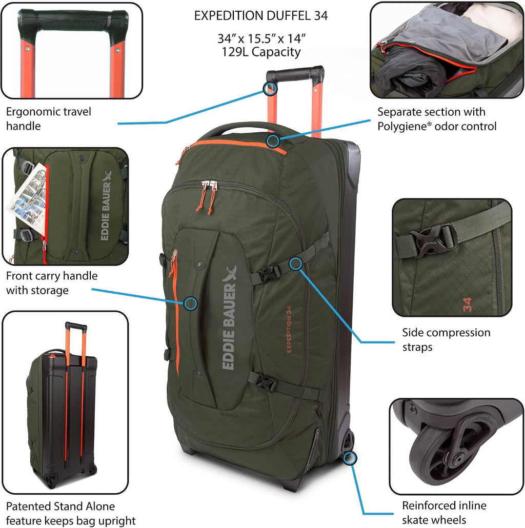 Eddie Bauer Expedition Rolling Duffel Bag with Wheels | Travel | Check-In | Luggage | Rugged | Durable - Black, 34'