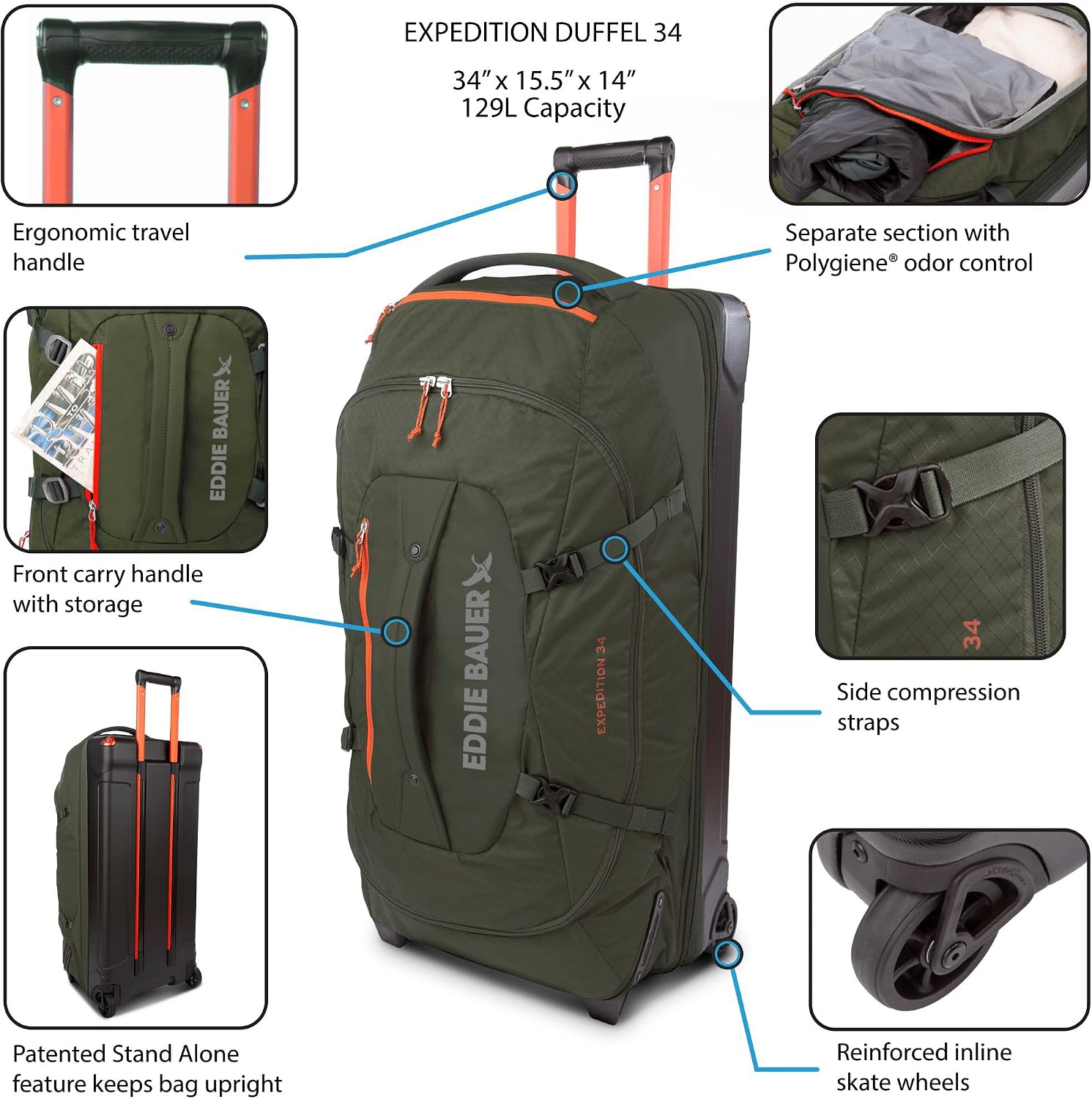 Eddie Bauer Expedition Rolling Duffel Bag with Wheels | Travel | Check-In | Luggage | Rugged | Durable - Black, 34'