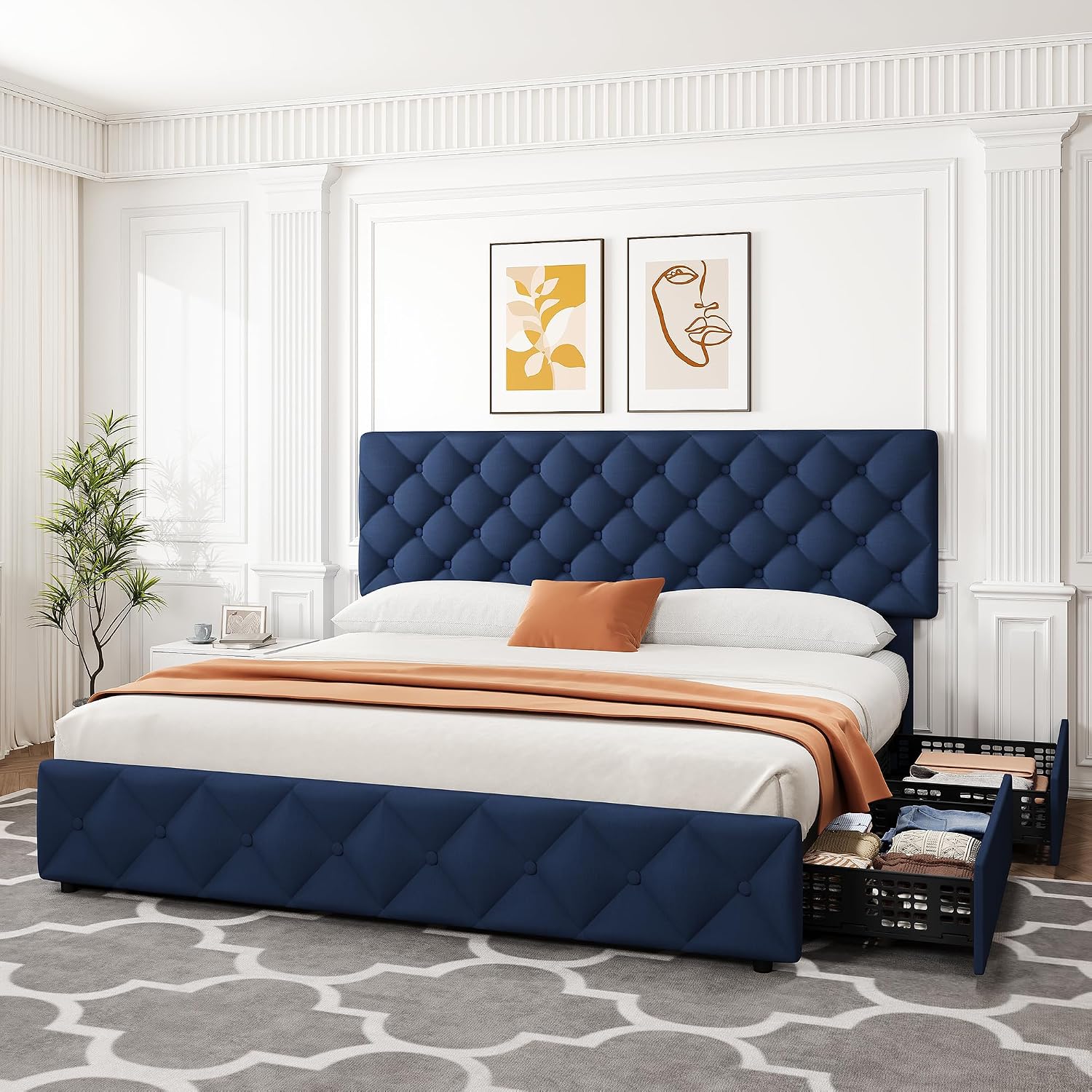 IDEALHOUSE King Size Bed Frame with 4 Storage Drawers and Adjustable Headboard, Linen Upholstered Platform Beds, Diamond Stitched Button Tufted, No Box Spring Needed, Blue