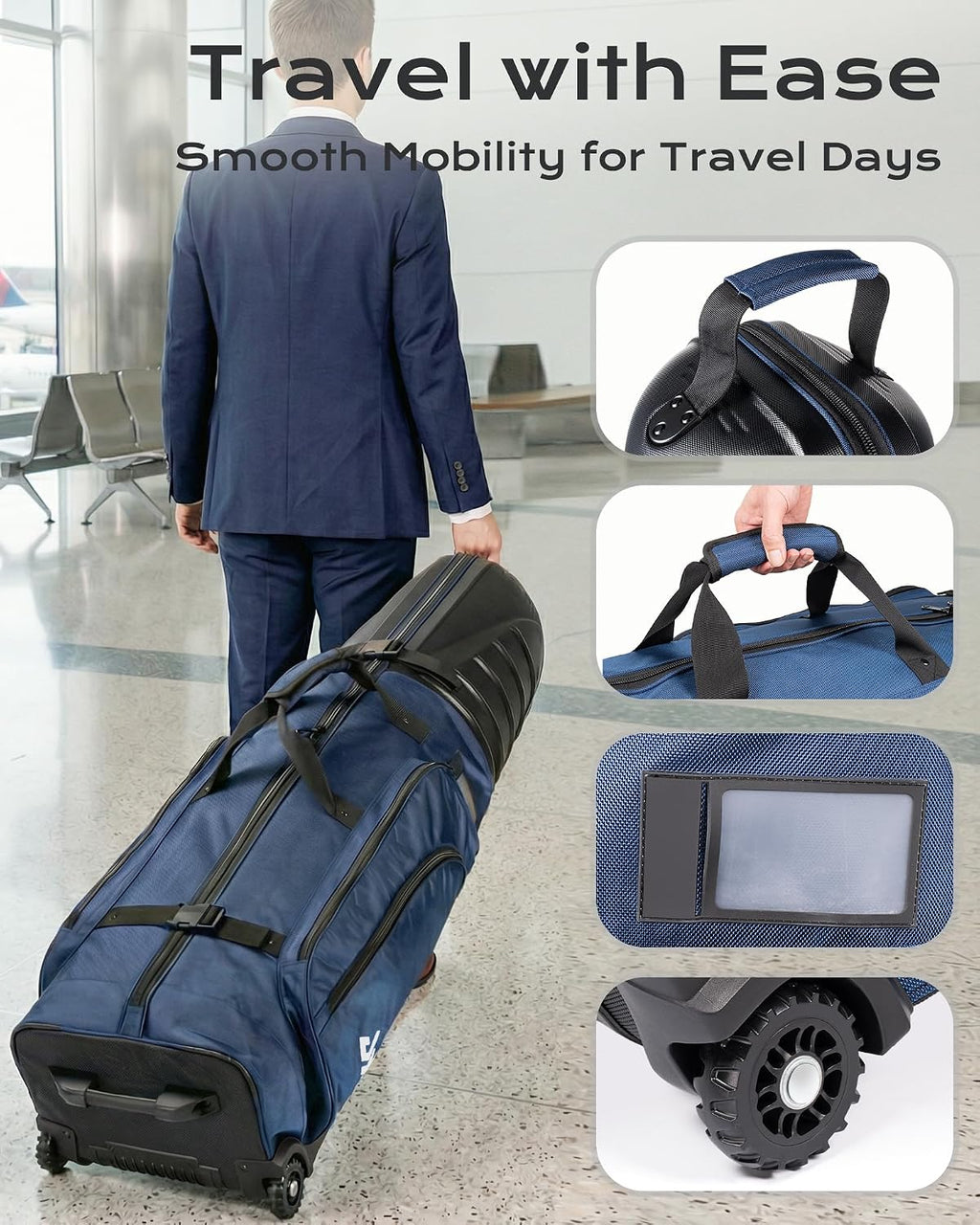 Golf Travel Bag for Airlines, ABS Hard Shell Top, 1680D Oxford Cloth, 4 Side Pockets, Two 4 Inch Wheels, Lockable Zippers, Foldable Club Travel Case