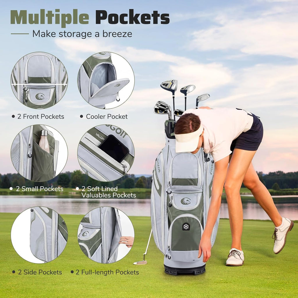 Goplus Lightweight Golf Cart Bag, Molded Lock Top Golf Club Bag w/14-Way Full Length Organizer Dividers, 11 Pockets, Cooler Bag, Straps, Umbrella Holder & Rain Hood for Men Women