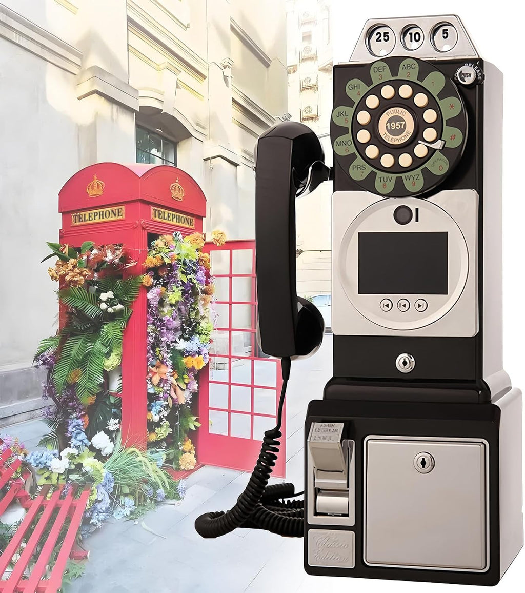 Wall Mounted 1080P Video Audio Guestbook 32G/64G Vintage Telephone Booth Decoration, 3.5 Inch Screen, for Wedding Bridal Shower, Birthday, Graduations, Creative ornaments 18.11x 6.3x 5.12'',Black-32G