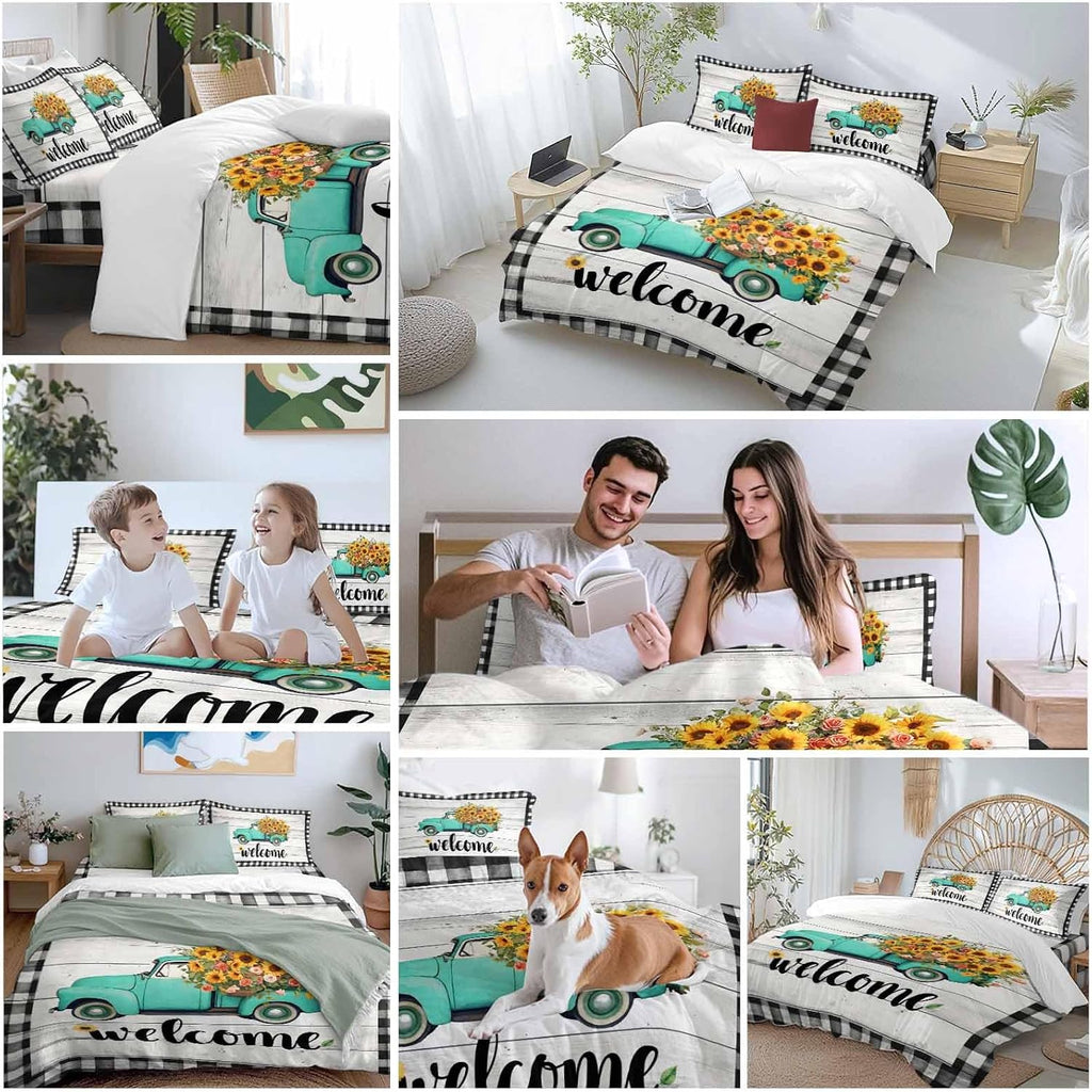 Welcome Duvet Cover Set Queen Size 4 Pieces Summer Flowers Truck Wood Grain Black White Lattice Frame Bedding Set with Zipper Closure, 1 Comforter Cover 90x92 Inches 1 Flat Sheet & 2 Pillow Cases