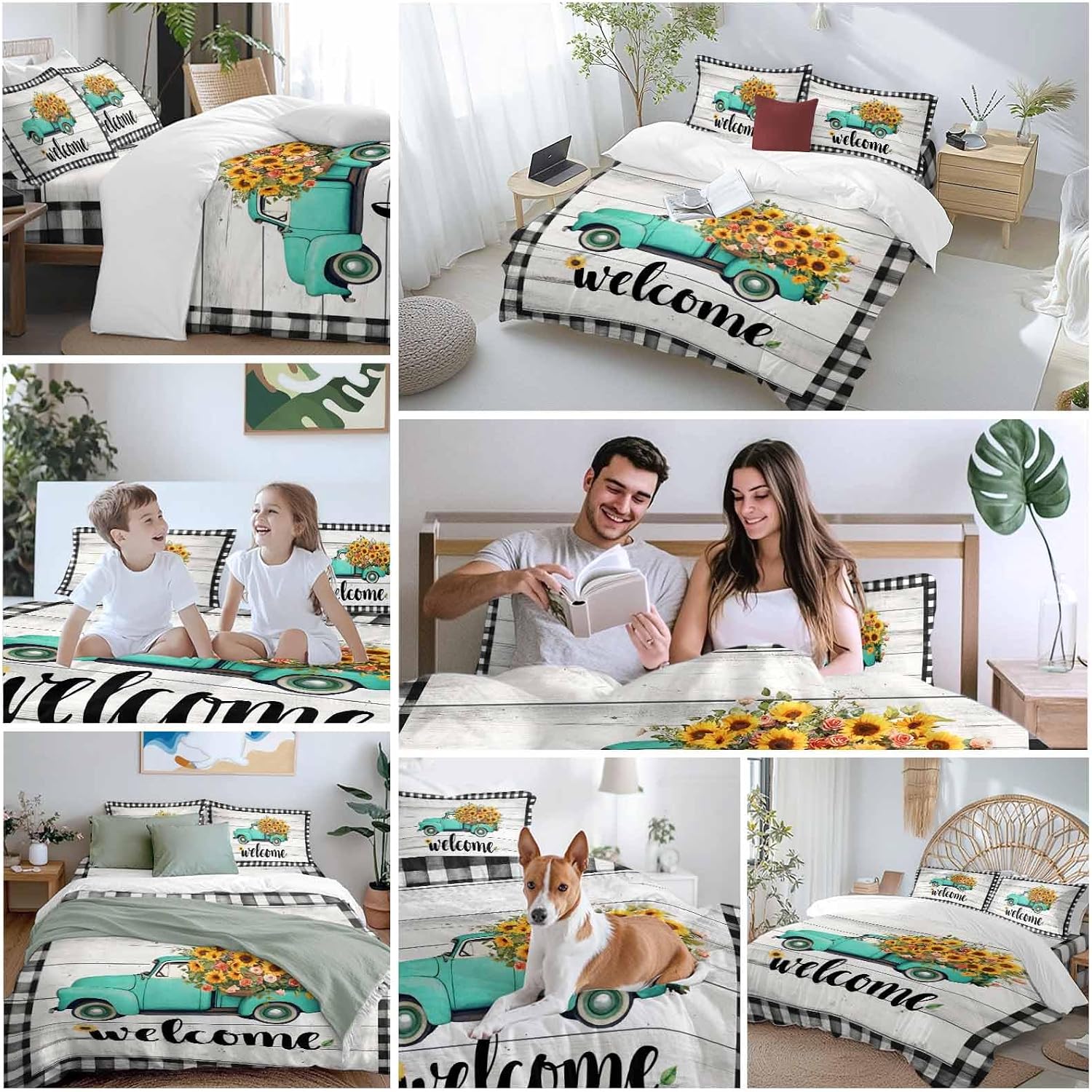 Welcome Duvet Cover Set Queen Size 4 Pieces Summer Flowers Truck Wood Grain Black White Lattice Frame Bedding Set with Zipper Closure, 1 Comforter Cover 90x92 Inches 1 Flat Sheet & 2 Pillow Cases