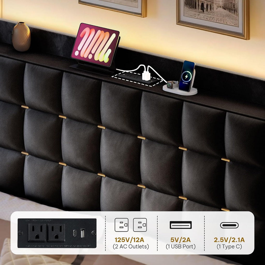 DWVO Queen Size Bed Frame with 3 Storage Drawers and RGB LED Lights, Velvet Upholstered Bed with Charging Station and Storage Headboard, No Box Spring Needed, Easy Assembly, Noise-Free, Black
