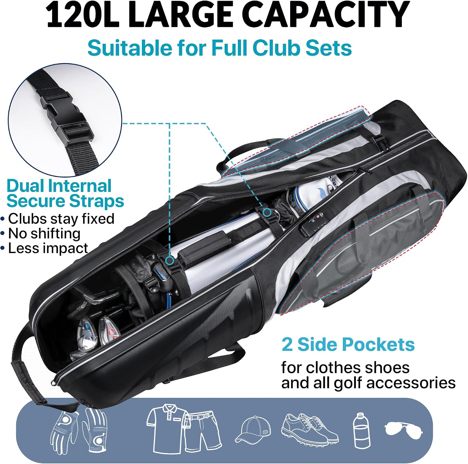 Golf Travel Bag for Airlines, Hard Shell Top Golf Travel Case with Wheels, Heavy Duty 1680D Oxford Fabric, Reinforced Base, Oversized Tank Wheels, Built-in TSA Lock, Water-Resistant Zippers
