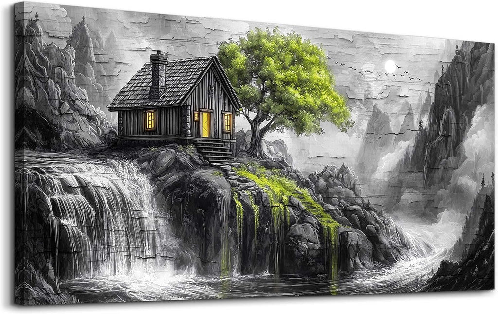 ERQINHUA Large Canvas Wall Art For Living Room Large Wall Decor For Bedroom Office Black And White Wall Painting Decor Green Tree Landscape Picture Artwork Modern Home Decor Ready To Hang 30'X60'