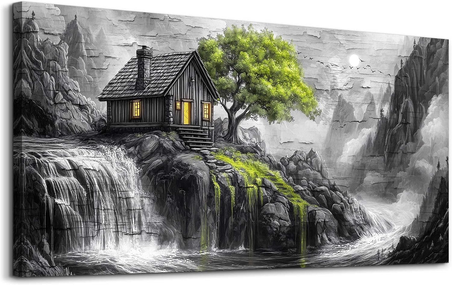 ERQINHUA Large Canvas Wall Art For Living Room Large Wall Decor For Bedroom Office Black And White Wall Painting Decor Green Tree Landscape Picture Artwork Modern Home Decor Ready To Hang 30'X60'