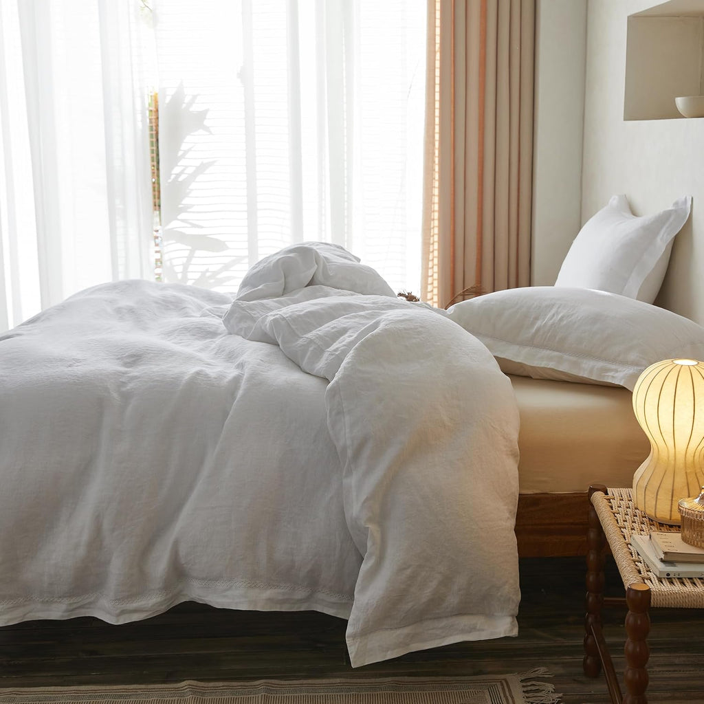 Simple&Opulence 100% Linen Duvet Cover Set with Crossed Embroidery Washed - 3 Pieces (1 Duvet Cover with 2 Pillow Shams) Soft Breathable Farmhouse - White, King Size