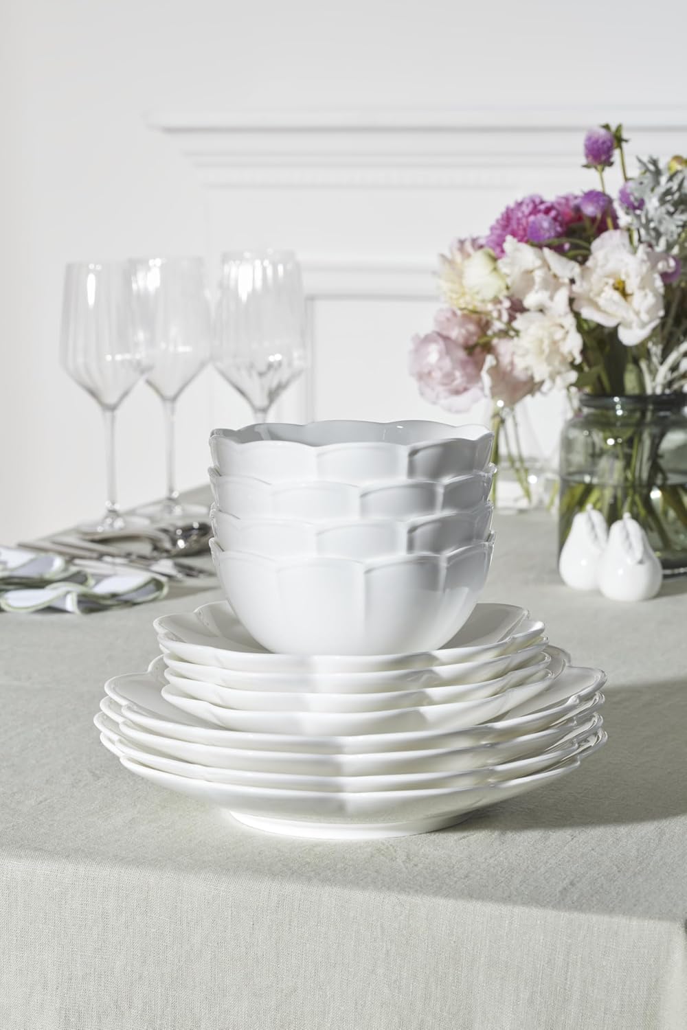 Lenox Dinnerware Set, Studio 1414 Scallop 12-Piece Set, Service For 4, Bone China Material, Dishwasher & Microwave Safe, Home And Kitchen, Kitchen And Dining, Plates And Bowls Sets (White, 12 Pieces)