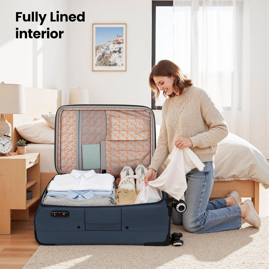 2-Piece Set Soft Shell Luggage w/Front Opening,Softside Luggage Sets w/Double Spinner Wheels &TSA LOCK,Expandable 20%,Lightweight Trolley Case,Luggage Rolling Suitcase for Men/Women（Navy,20in/30in）