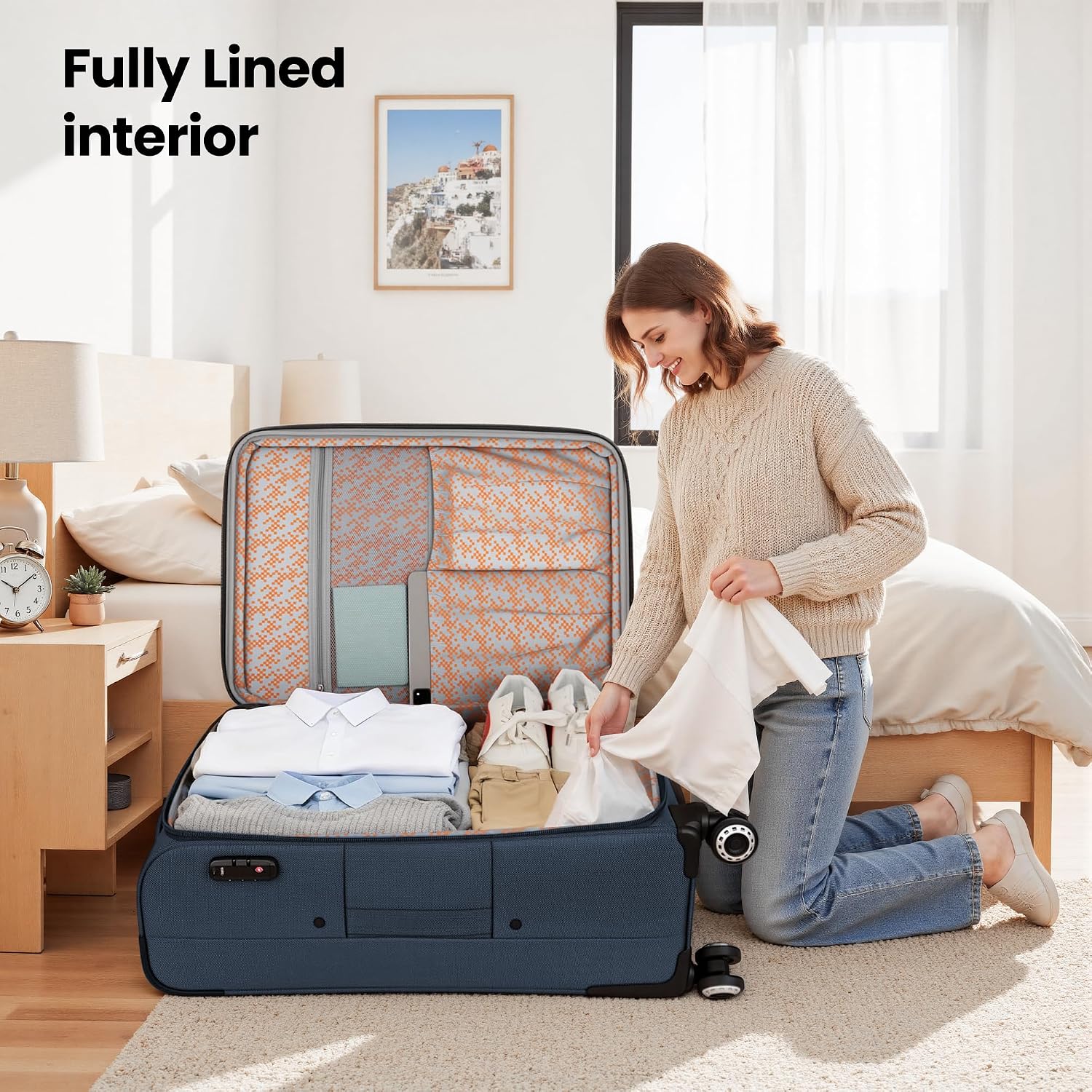 2-Piece Set Soft Shell Luggage w/Front Opening,Softside Luggage Sets w/Double Spinner Wheels &TSA LOCK,Expandable 20%,Lightweight Trolley Case,Luggage Rolling Suitcase for Men/Women（Navy,20in/30in）
