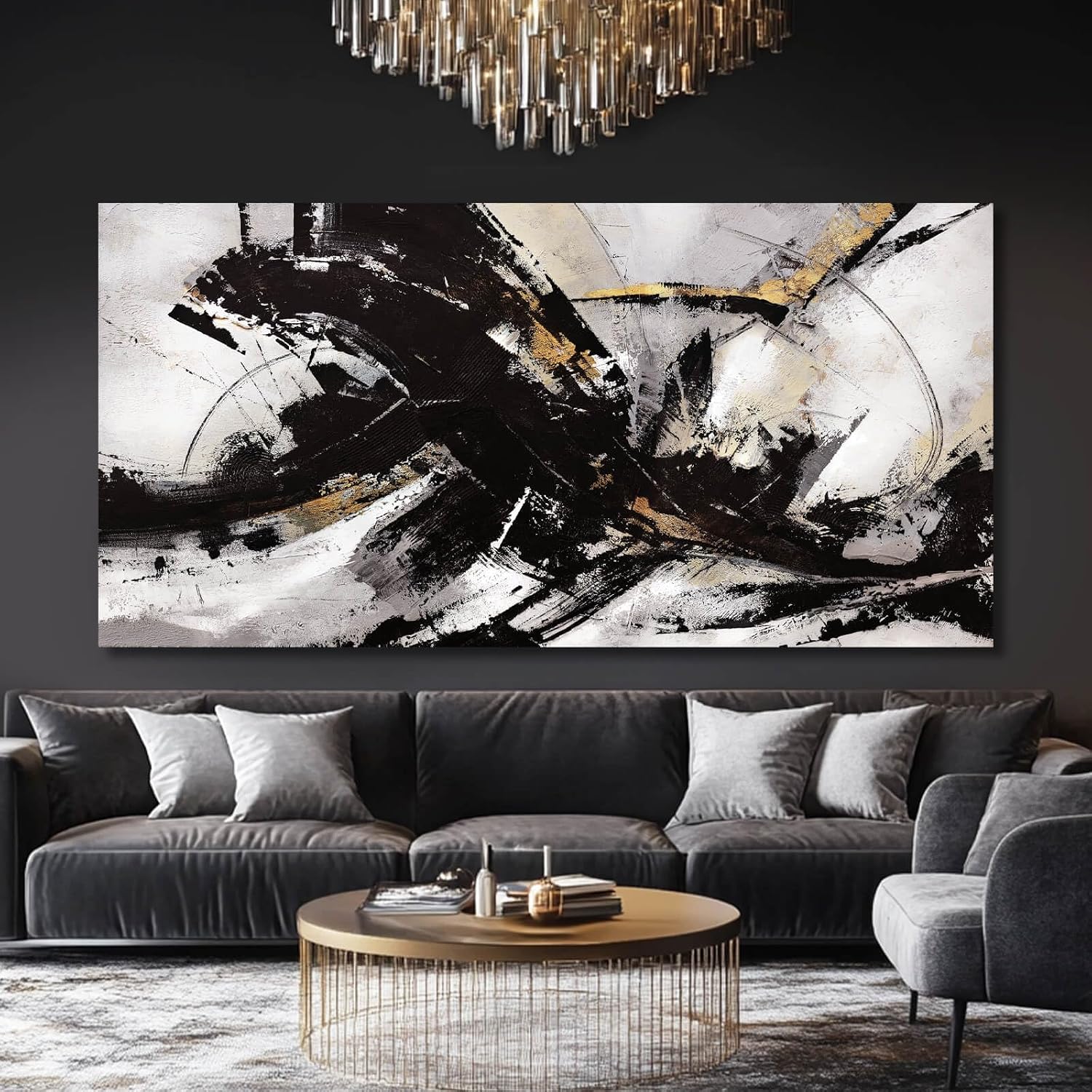 Abstract Wall Art for Living Room Canvas Wall Decor Large Artwork Black And Gold Wall Decorations Black Pictures for Wall 29'x58'