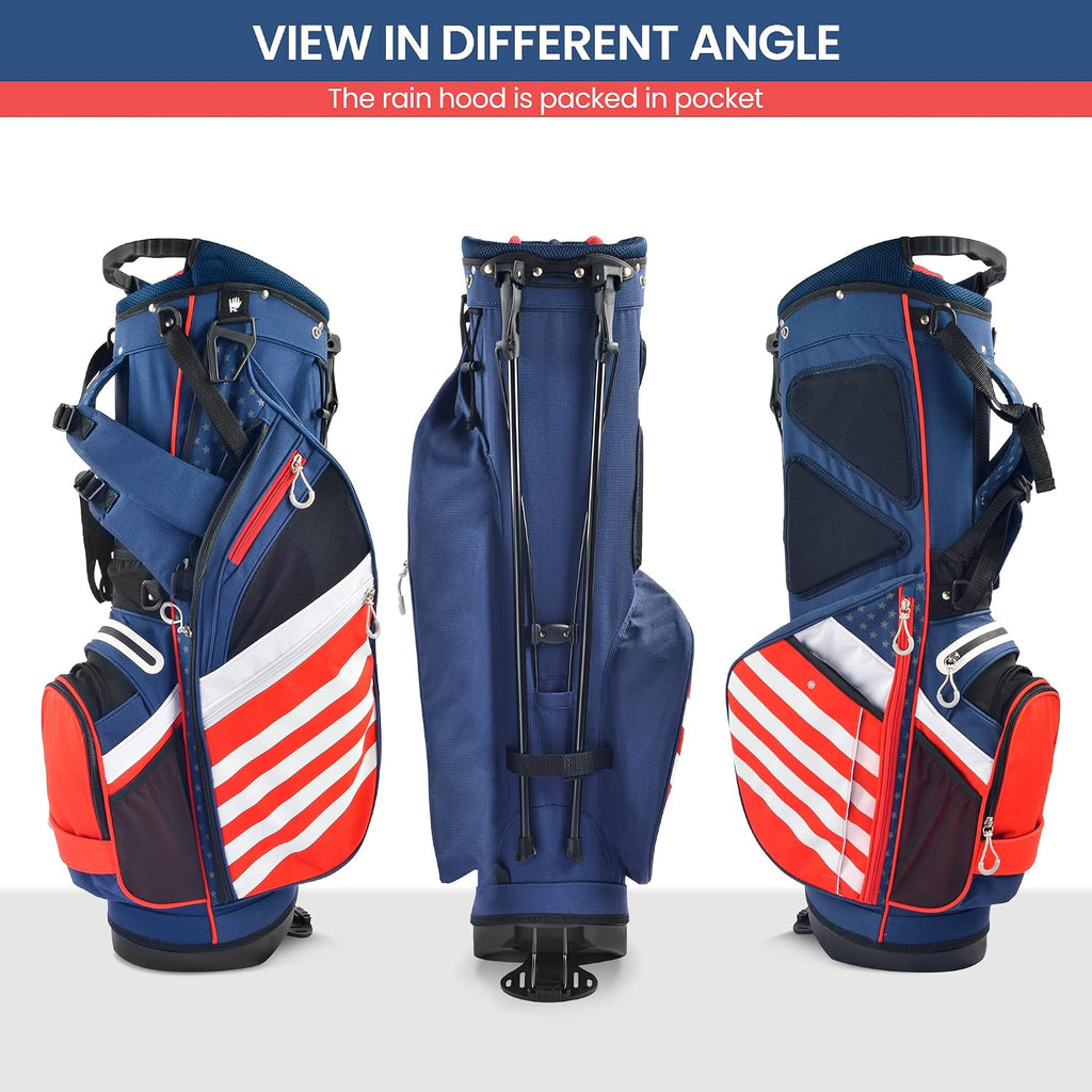 BOBOPRO Golf Stand Bag, Lightweight 14 Way Top Dividers Golf Carry Bag with 8 Pockets, USA Stars & Stripes Golf Bag for Golf Club Golf Cart for Men & Women