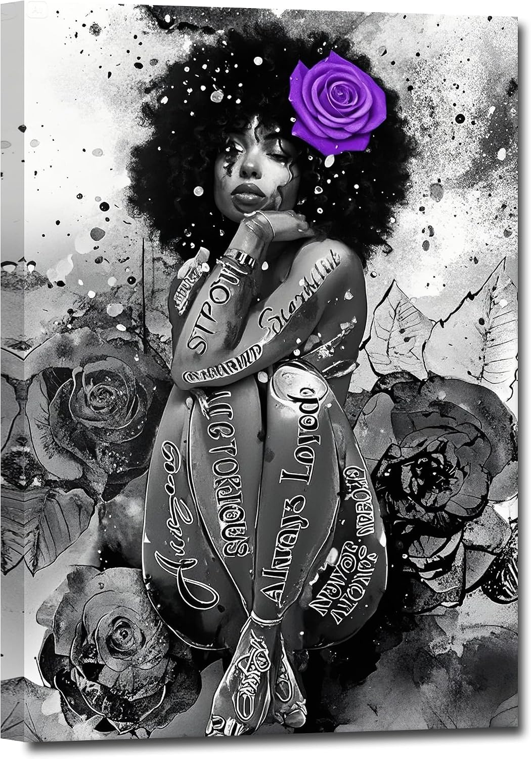 ZHIYYHAO Black and White Black Girl Wearing Purple Rose On Head Yoga Wall Decor Framed Modern Artwork Unique Gift Idea for Women Girls and Art Lovers （AW-11，42.00L X28.00W''）