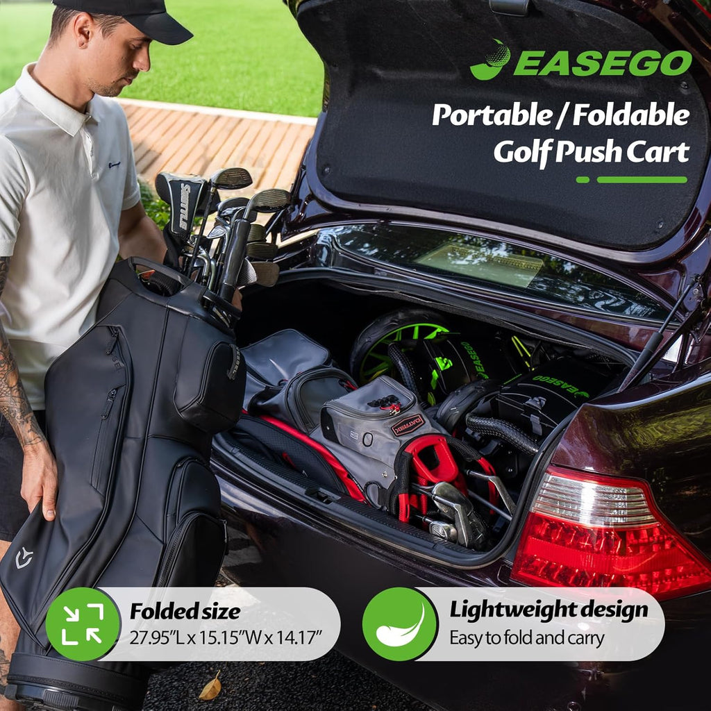 EASEGO Golf Push Cart 3 Wheel : Golf Bag Cart Foldable with Phone Holder/Cup/Umbrella Holder Compact Golf Pull Carts Quick Fold Golf Caddy Push Carts with Large Wheelbase for Different Terrain