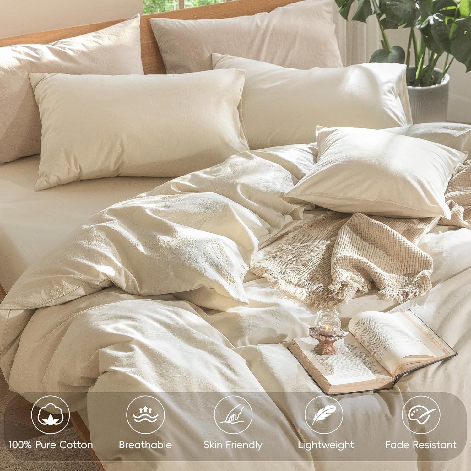 MooMee Bedding Duvet Cover Set 100% Washed Cotton Linen Like Textured Breathable Durable Soft Comfy (Heathered Almond Milk Grey, Oversized King Plus 128'x120')