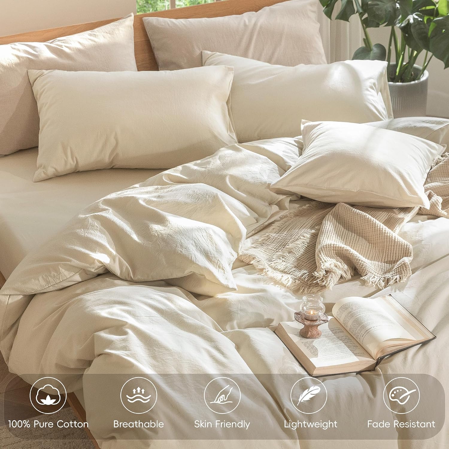 MooMee Bedding Duvet Cover Set 100% Washed Cotton Linen Like Textured Breathable Durable Soft Comfy (Heathered Almond Milk Grey, Super King Plus 120'x120')