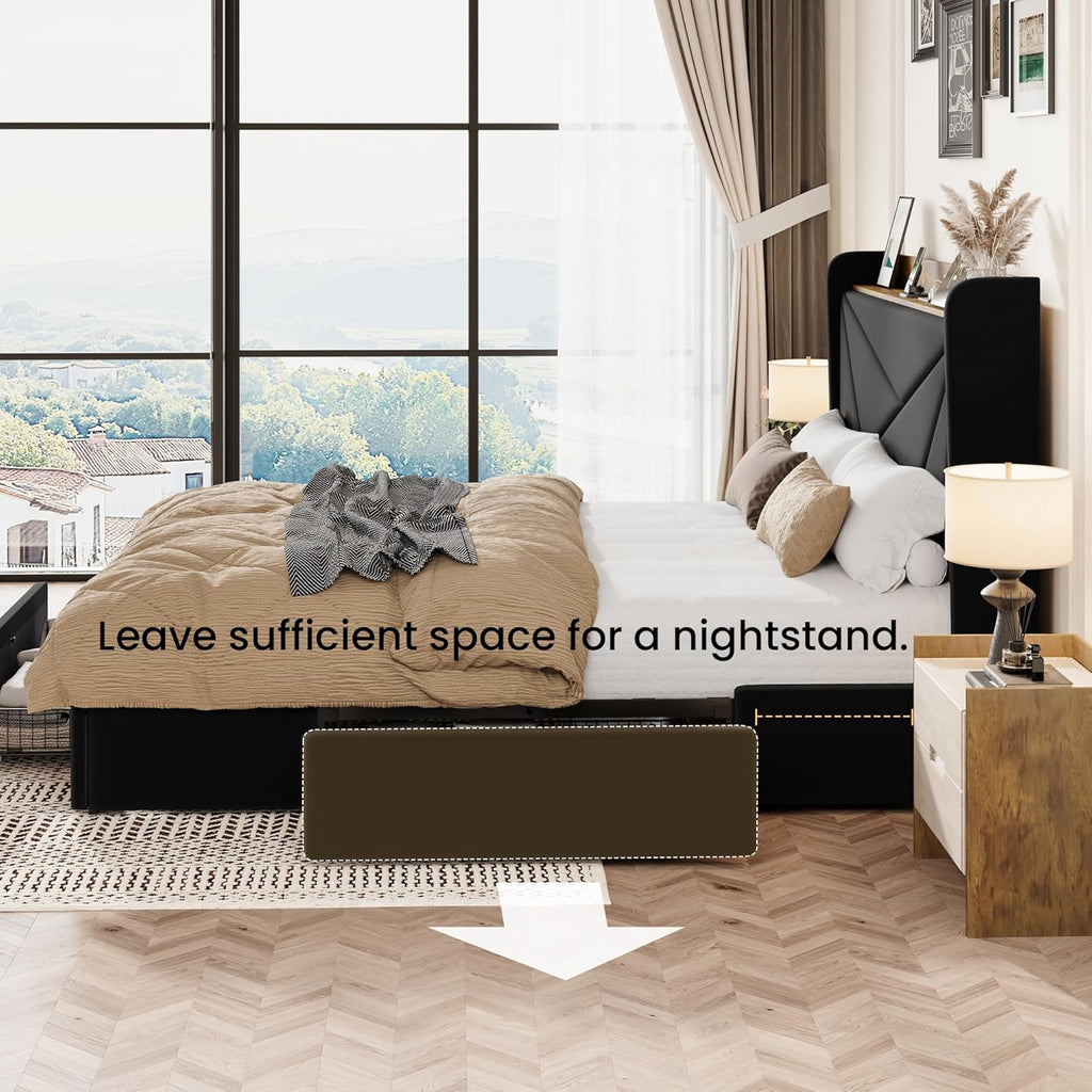 SHA CERLIN Queen Bed Frame with 3 Drawers, USB & Type-C Charging Ports, Velvet Upholstered Platform Bed with Modern Geometric Wingback Storage Headboard, No Box Spring Needed, Easy Assembly, Black