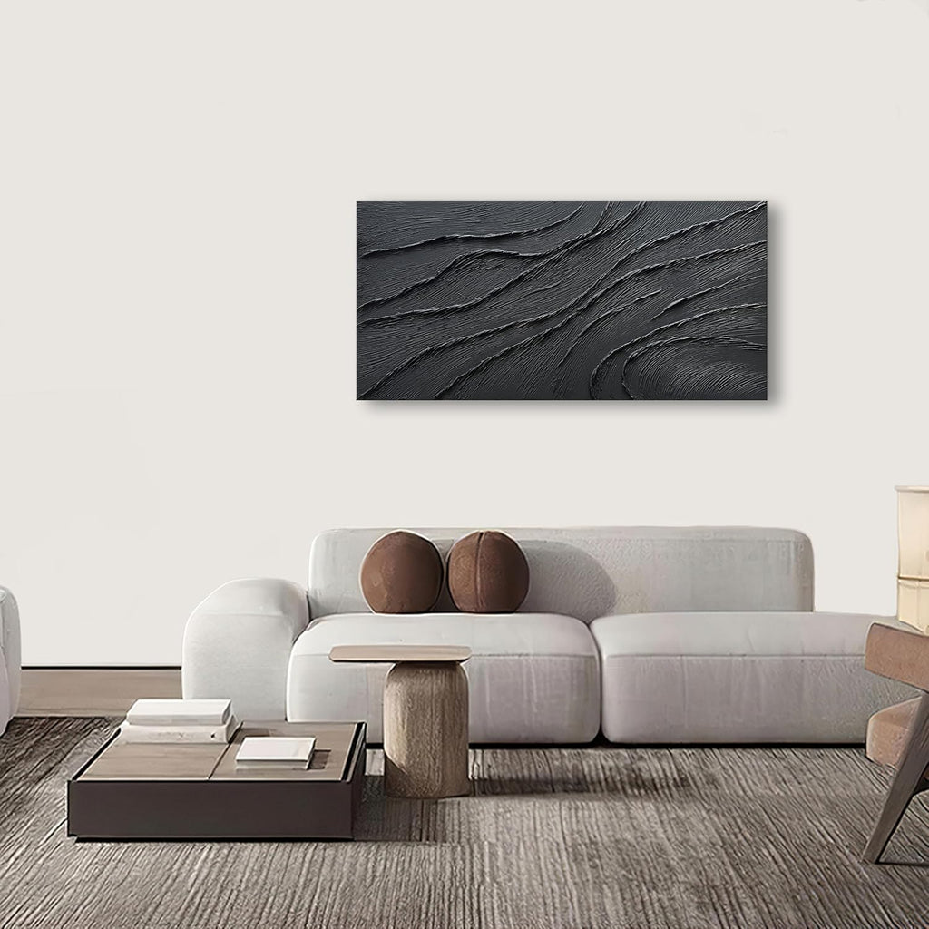 NANKAI Art Thick Texture Black Minimalist Oil Painting, 24x48 Inches, Contemporary Art, Home Office Wall Decoration