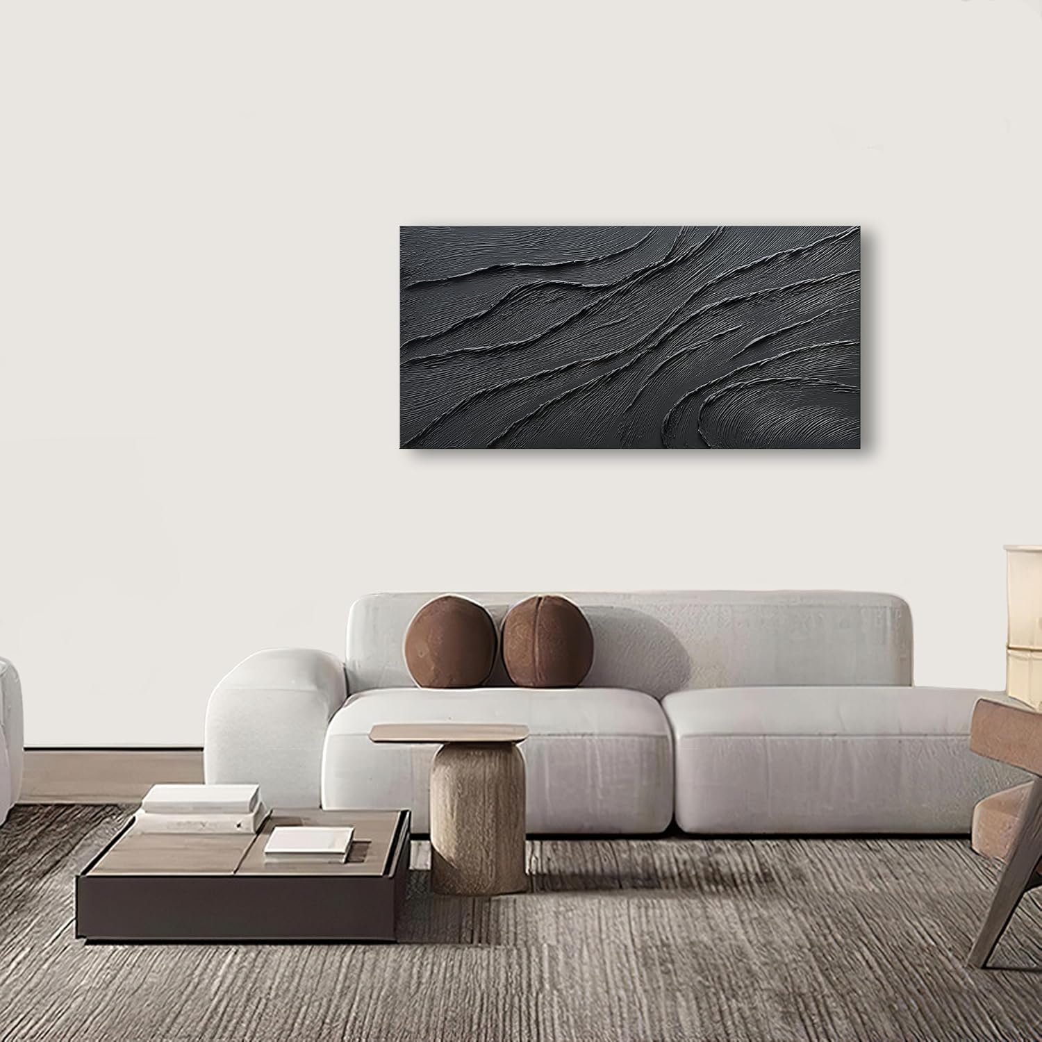 NANKAI Art Thick Texture Black Minimalist Oil Painting, 24x48 Inches, Contemporary Art, Home Office Wall Decoration