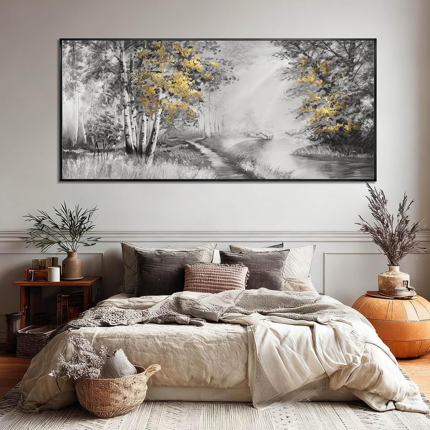 SOUGUAN Grey and Gold Canvas Wall Art Tree Wall Decor Modern Posters 32'x70' Large Decoration Living Room Pictures for Bedroom Office