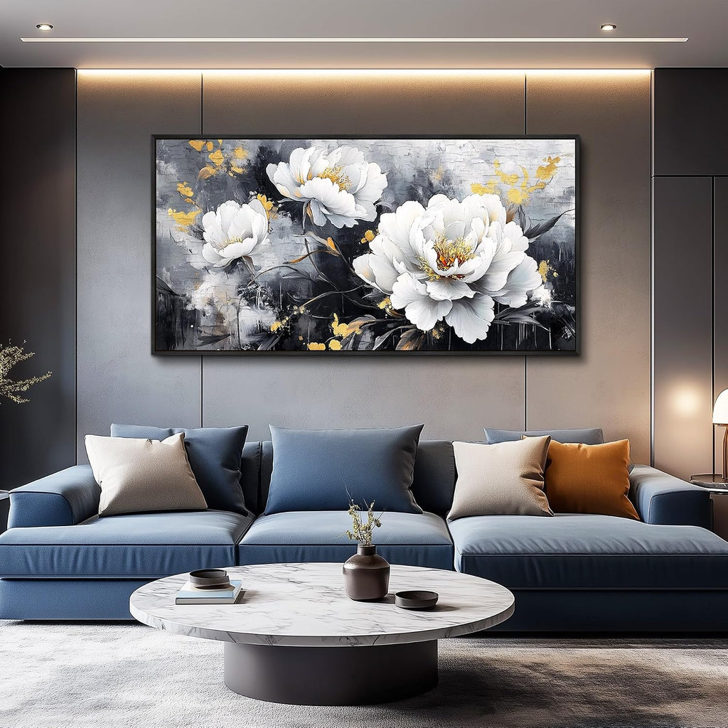 PHAOHUAXM Large Canvas Black Framed Wall Art Decor For Living Room Bedroom Abstract Painting Ink-Wash White Flowers With Home Dining Room Decorations Prints Posters Modern Room Home Decor 24'X48'