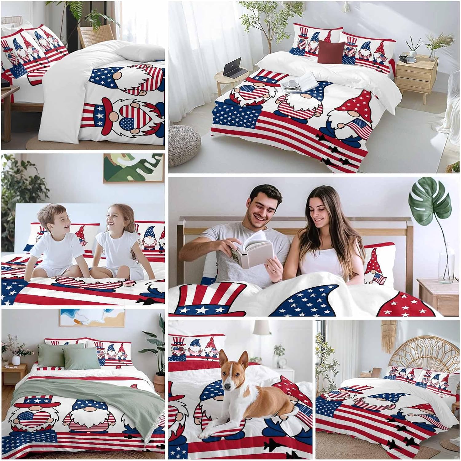 Independence Day Duvet Cover Set Queen Size 4 Pieces Cute Gnome with American Flag Hat Red White Stripes Bedding Set with Zipper Closure, 1 Comforter Cover 86x86 Inches 1 Flat Sheet & 2 Pillow Cases