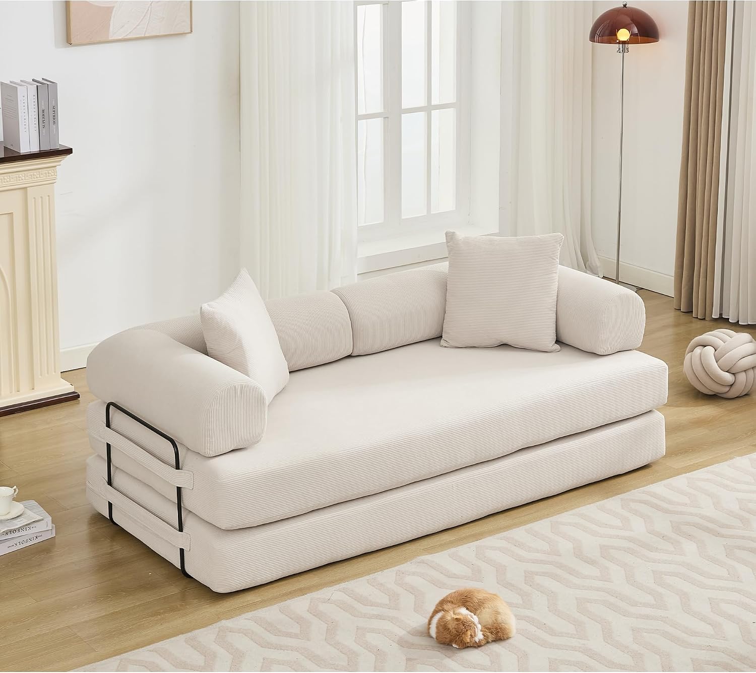 WILLIAMSPACE 78.5' Modern Loveseat Sofa Fold-Out Sofa Bed, Convertible Chair Floor Couch with Removable Backrest, Comfy King Size Sofa Bed for Living Room, Bedroom, Corduroy Fabric (Beige)